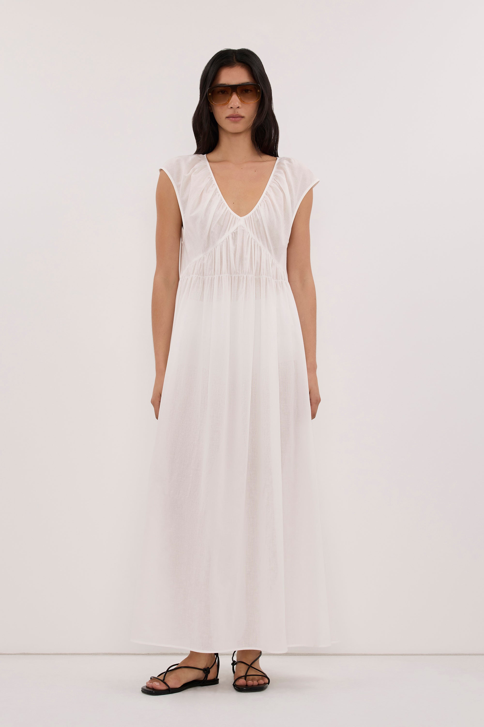 BILLIE WHITE LINEN BLEND MIDI DRESS