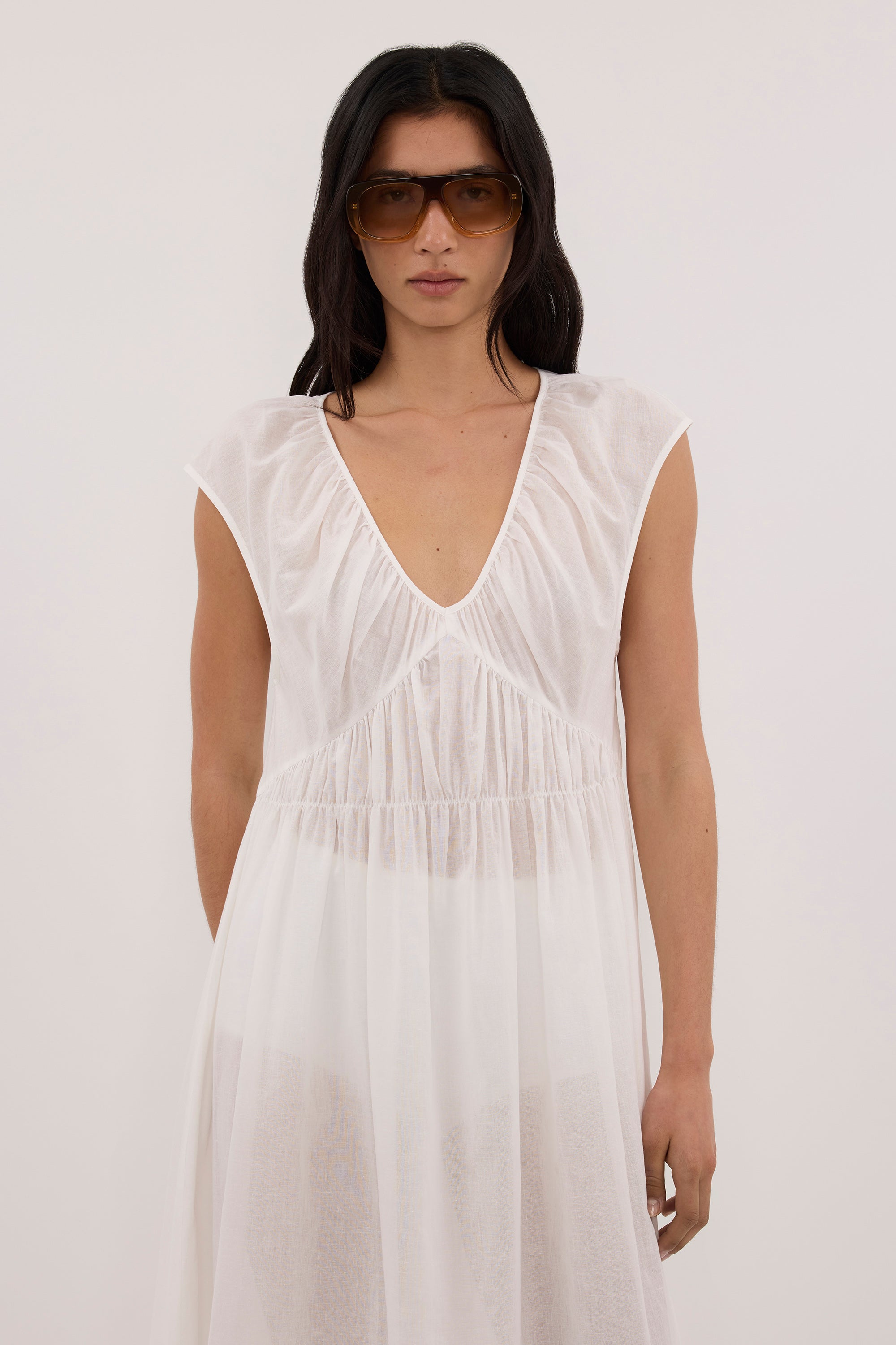BILLIE WHITE LINEN BLEND MIDI DRESS