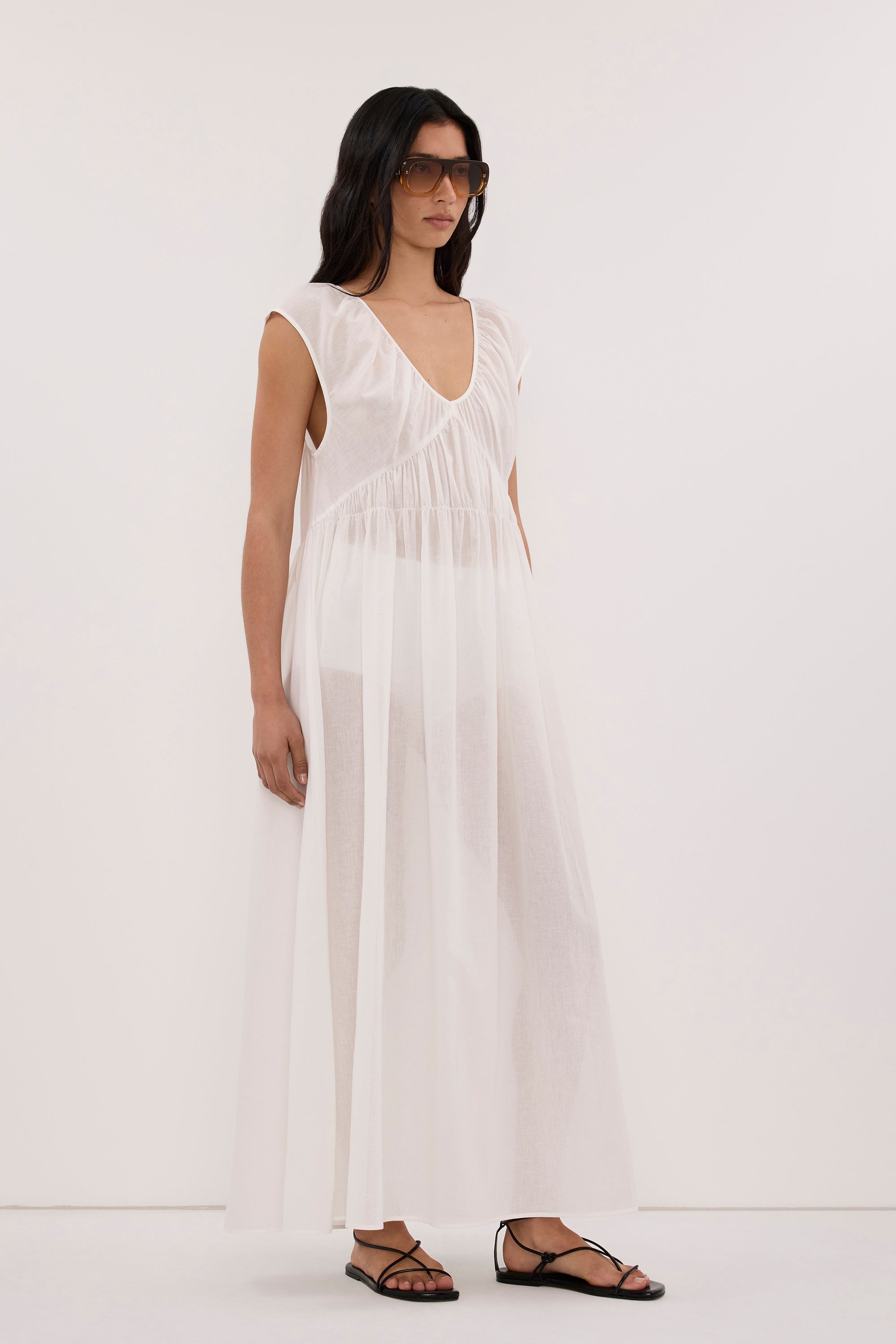 BILLIE WHITE LINEN BLEND MIDI DRESS
