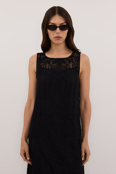 Helena  wearing REINA BLACK LACE MIDI DRESS