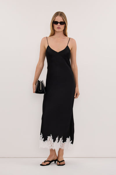 Zoe wearing AMELINE BLACK SATIN MIDI DRESS