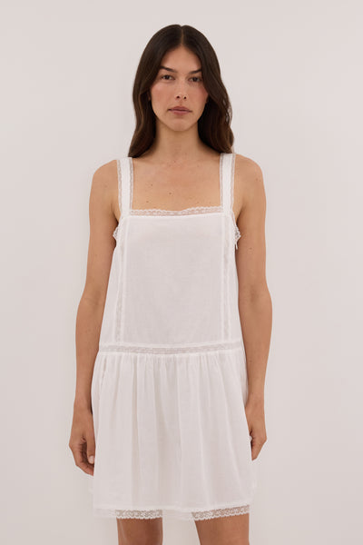 Helena  wearing ROSIN WHITE COTTON VOILE MINI DRESS