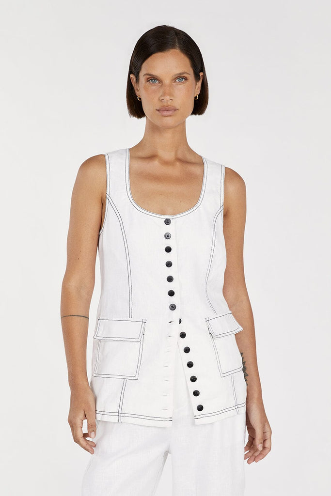 ROSIE WHITE LINEN LONGLINE VEST | Dissh