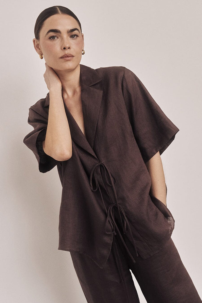 EMELIA CHOCOLATE LINEN WRAP SHIRT Dissh