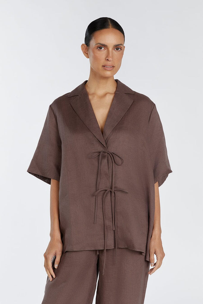 EMELIA CHOCOLATE LINEN WRAP SHIRT Dissh