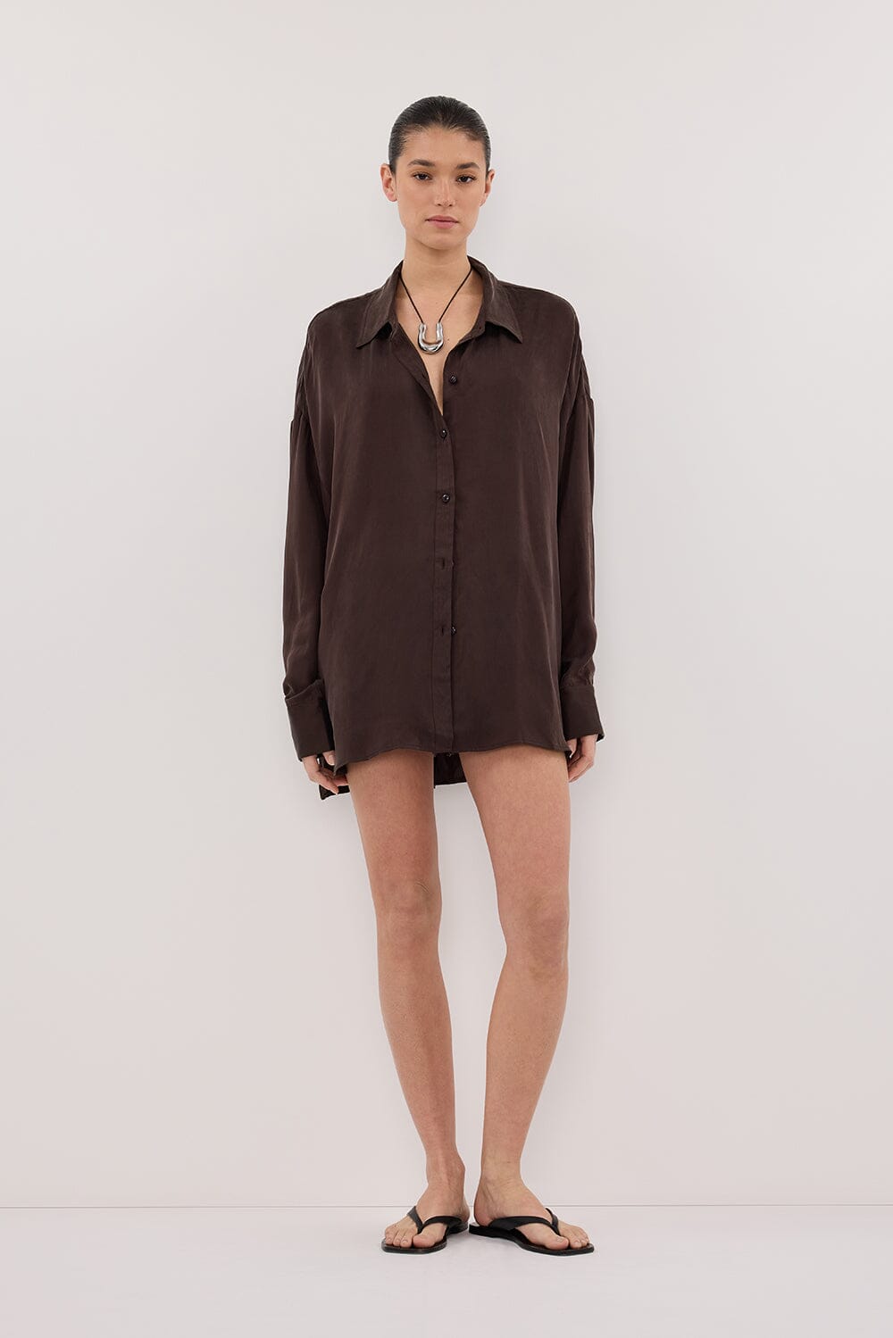 PERCY CHOC SILK LONG SLEEVE SHIRT Clothing DISSH Boutiques 