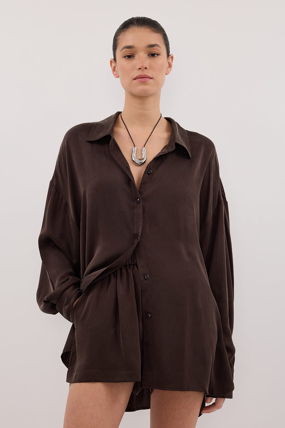 PERCY CHOC SILK LONG SLEEVE SHIRT Clothing DISSH Boutiques 