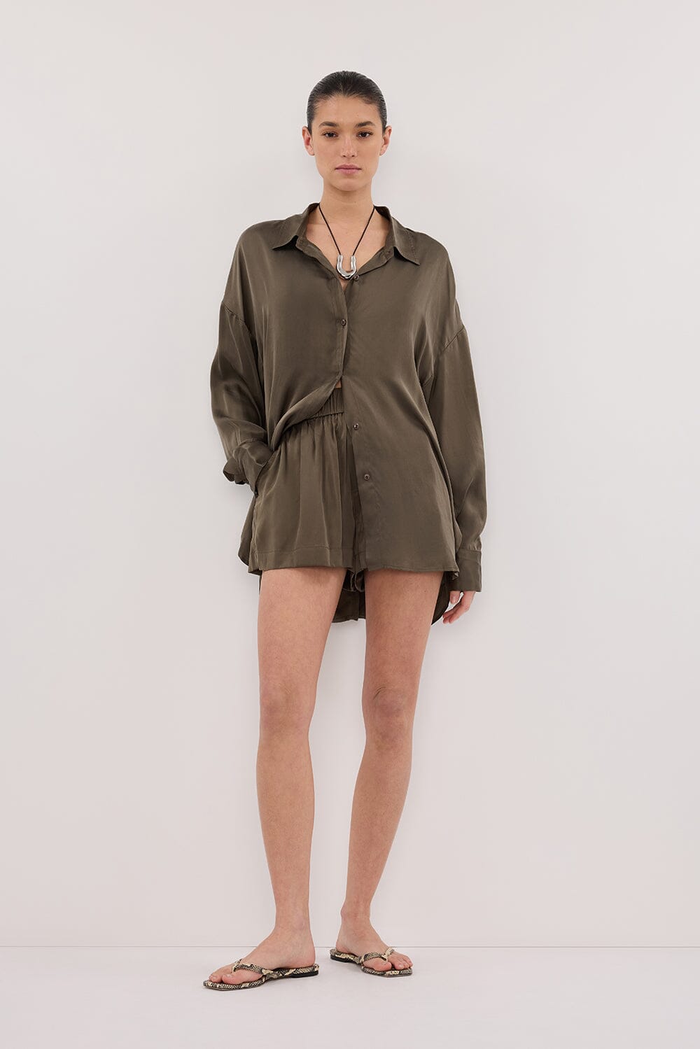 PERCY OLIVE SILK LONG SLEEVE SHIRT Clothing DISSH Boutiques 