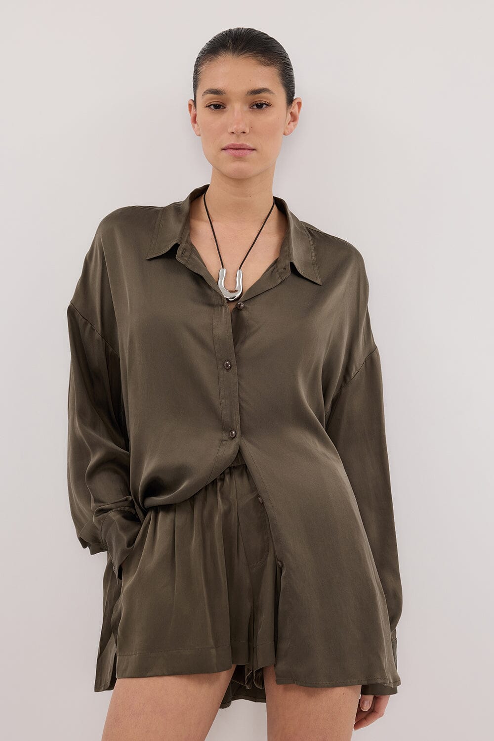 PERCY OLIVE SILK LONG SLEEVE SHIRT Clothing DISSH Boutiques 