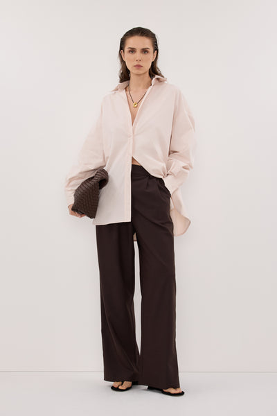Stas wearing RAQUEL POWDER LONG SLEEVE COTTON POPLIN SHIRT