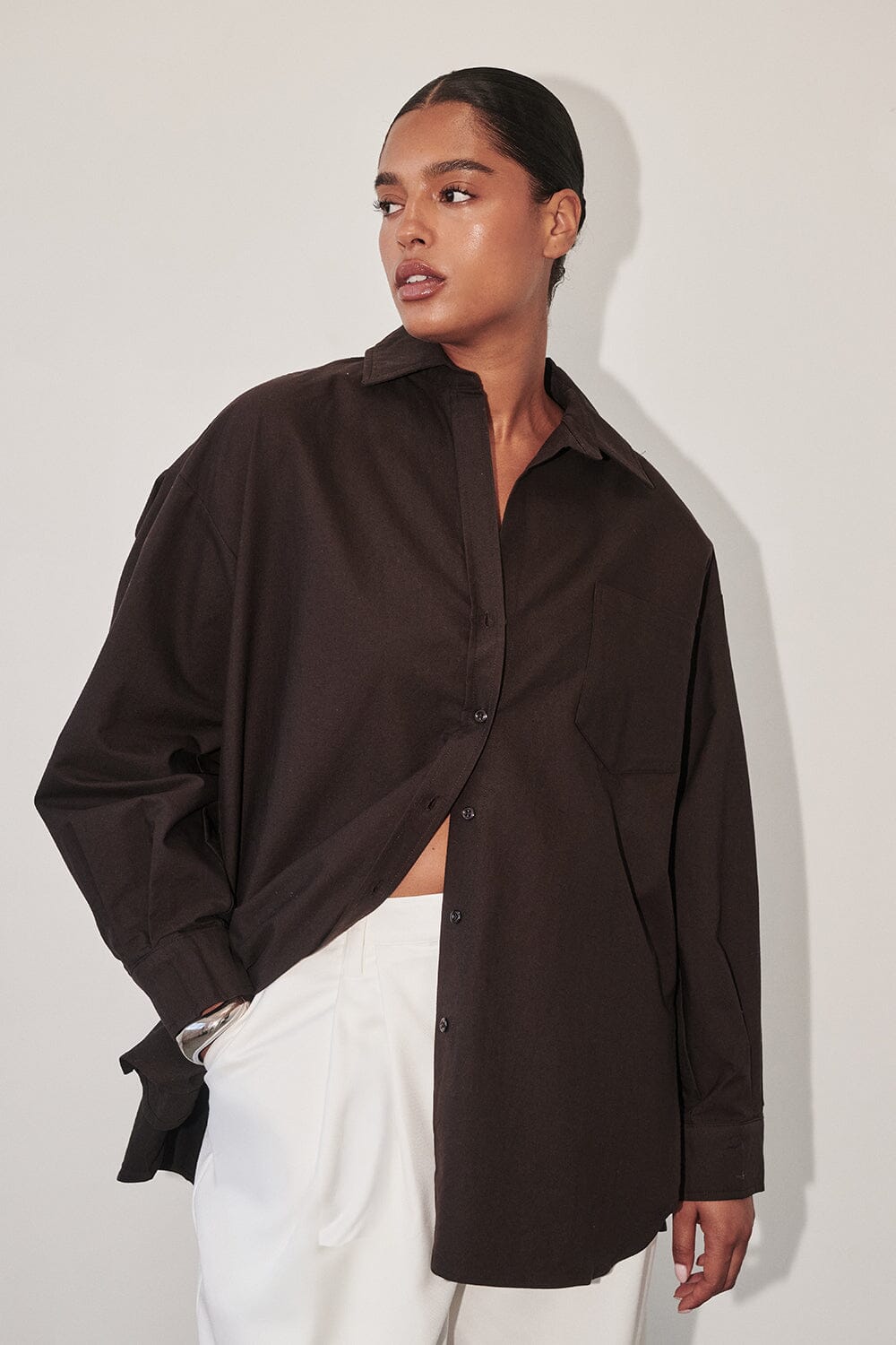 RHEA 2.0 BURNT CHOC OVERSIZED COTTON SHIRT
