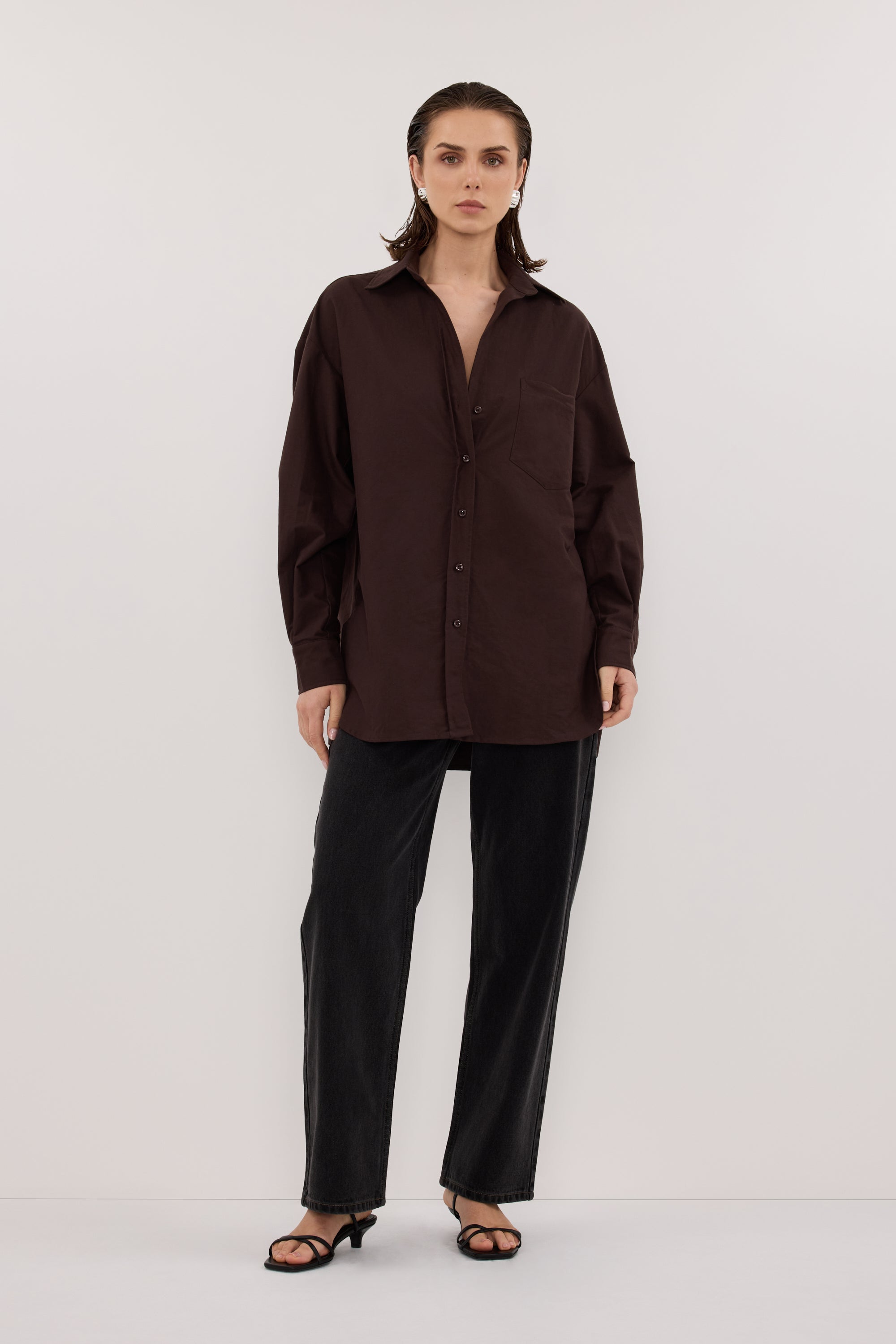 RHEA 2.0 BURNT CHOC OVERSIZED COTTON SHIRT