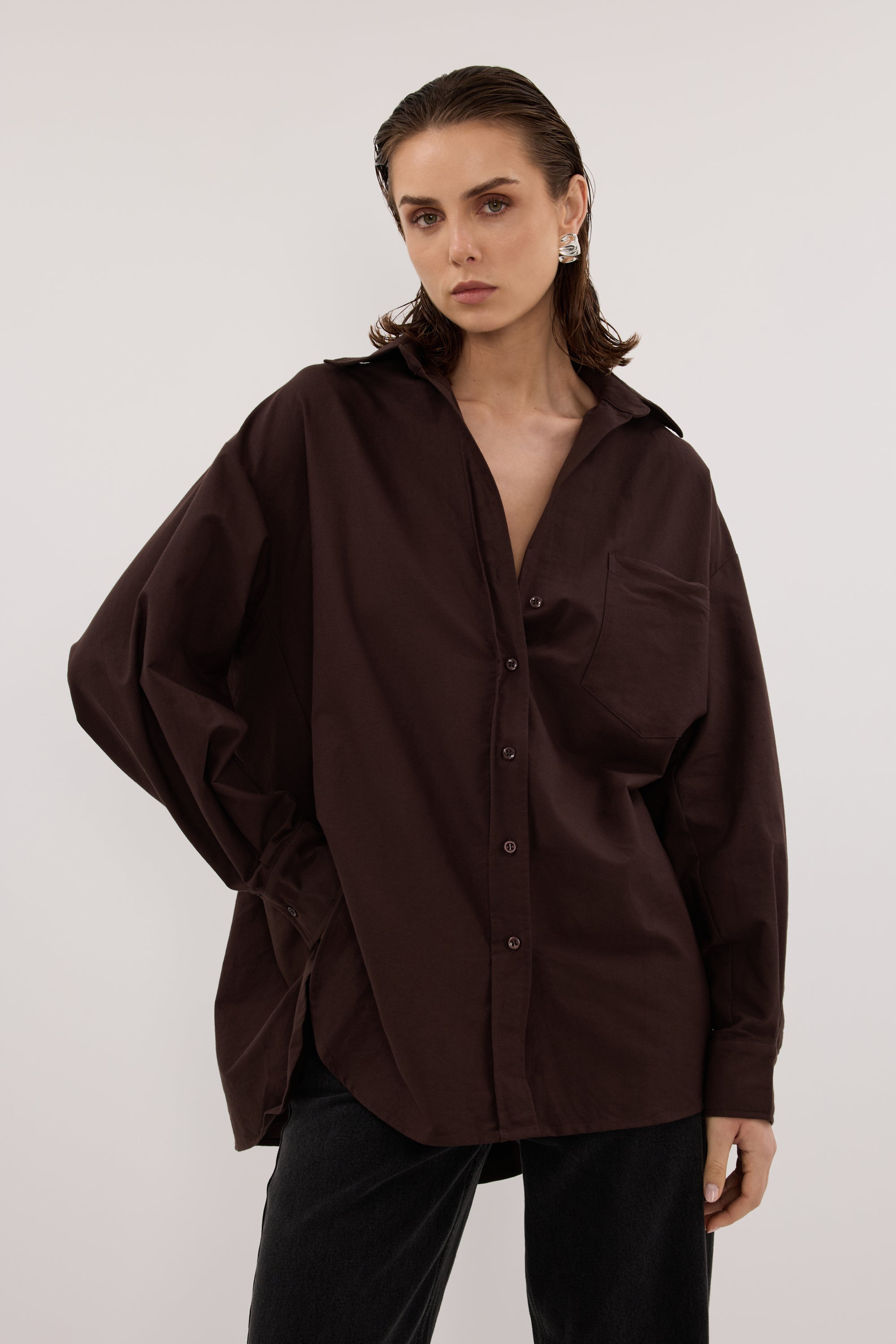 RHEA 2.0 BURNT CHOC OVERSIZED COTTON SHIRT