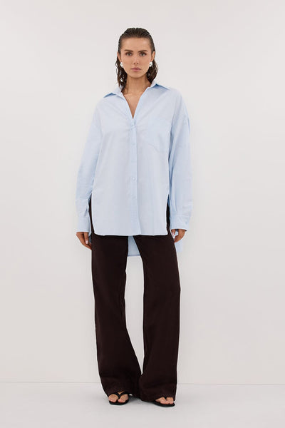 Stas wearing RHEA 2.0 ICE BLUE OVERSIZED COTTON SHIRT
