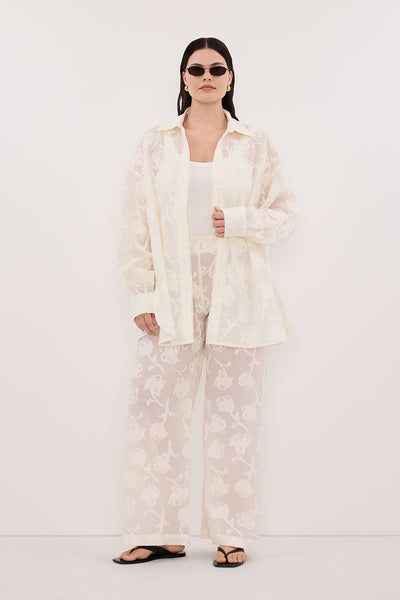 Jasmine wearing AZALEA OFF WHITE JACQUARD LONG SLEEVE SHIRT
