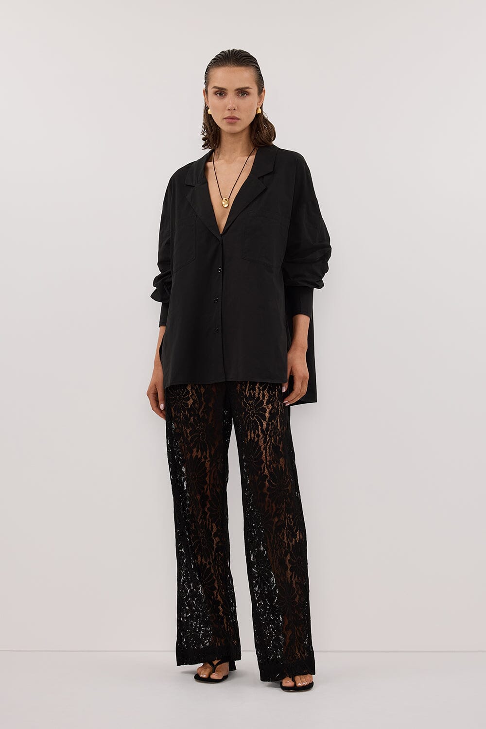 IRENE BLACK LONG SLEEVE NOTCH COLLAR SHIRT