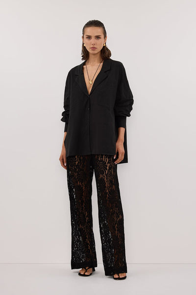 Stas wearing IRENE BLACK LONG SLEEVE NOTCH COLLAR SHIRT