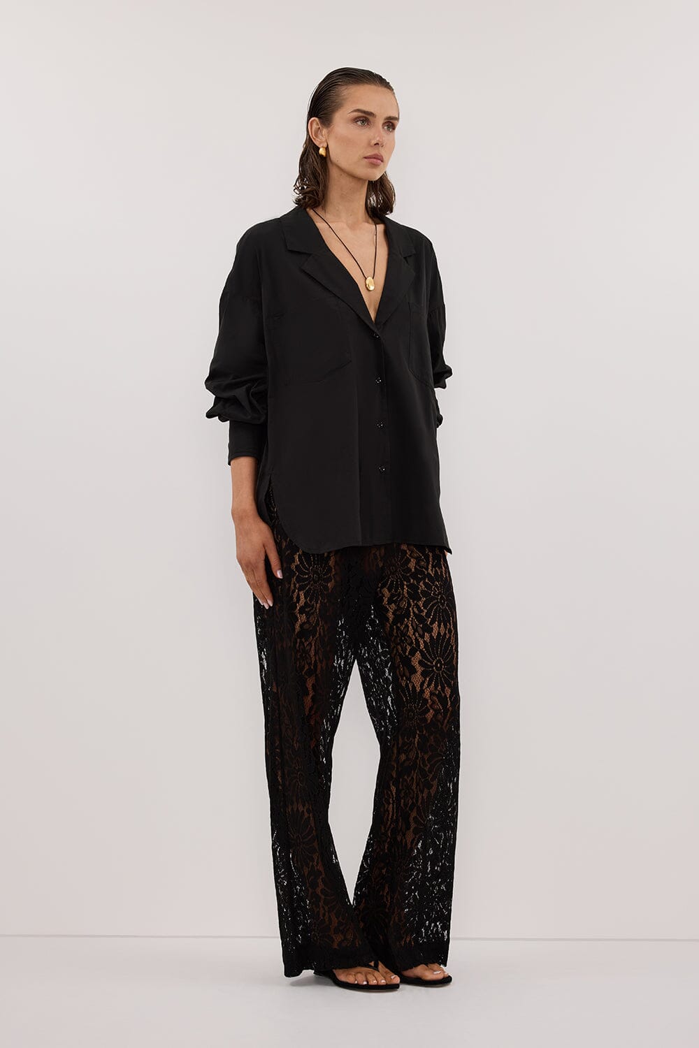 IRENE BLACK LONG SLEEVE NOTCH COLLAR SHIRT