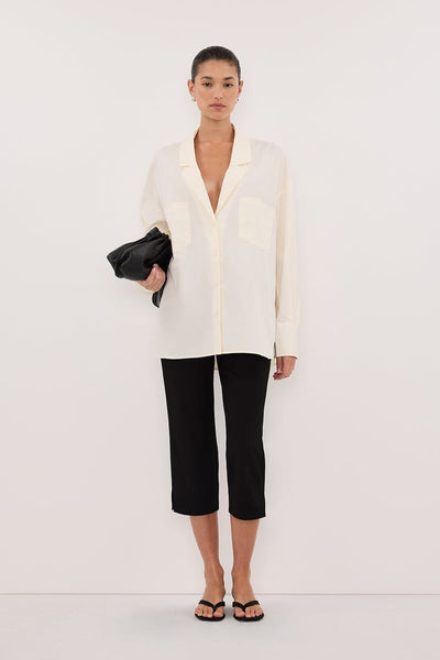 Aude wearing IRENE BUTTER LONG SLEEVE NOTCH COLLAR SHIRT