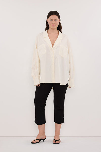 Jasmine wearing IRENE BUTTER LONG SLEEVE NOTCH COLLAR SHIRT