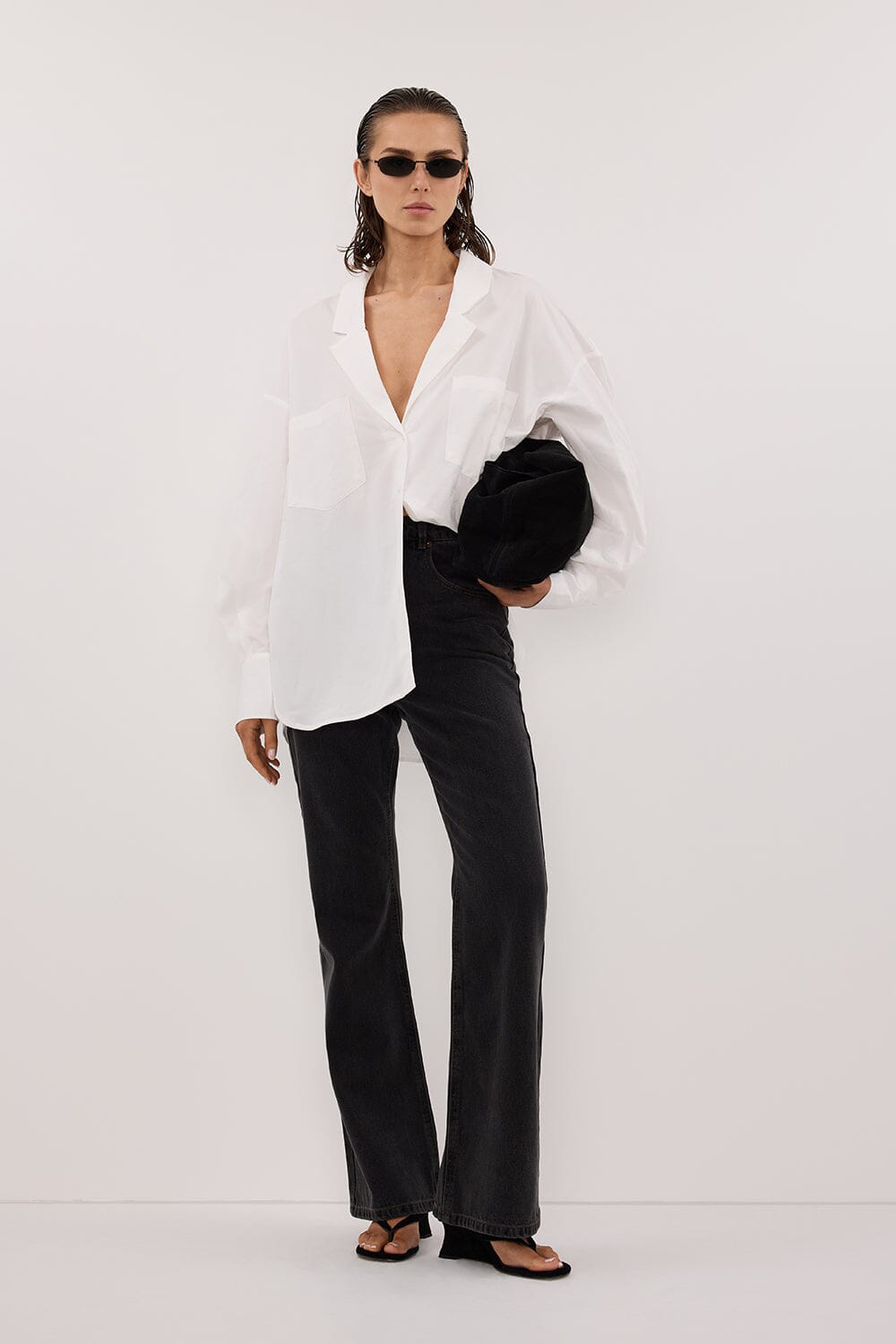 IRENE WHITE LONG SLEEVE NOTCH COLLAR SHIRT