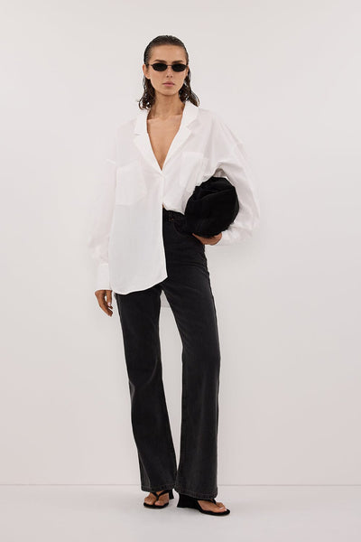 Stas wearing IRENE WHITE LONG SLEEVE NOTCH COLLAR SHIRT