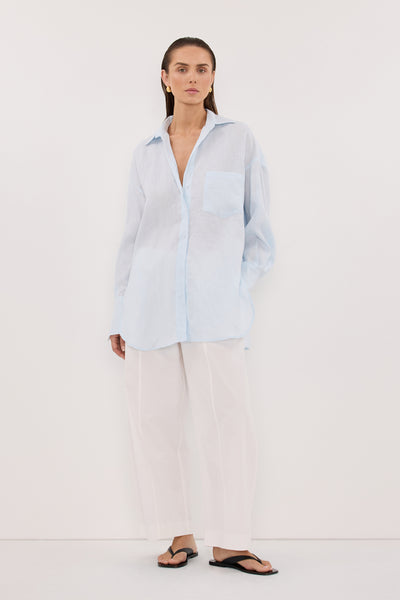 Stas wearing ELLIS ICE BLUE LONG SLEEVE LINEN SHIRT