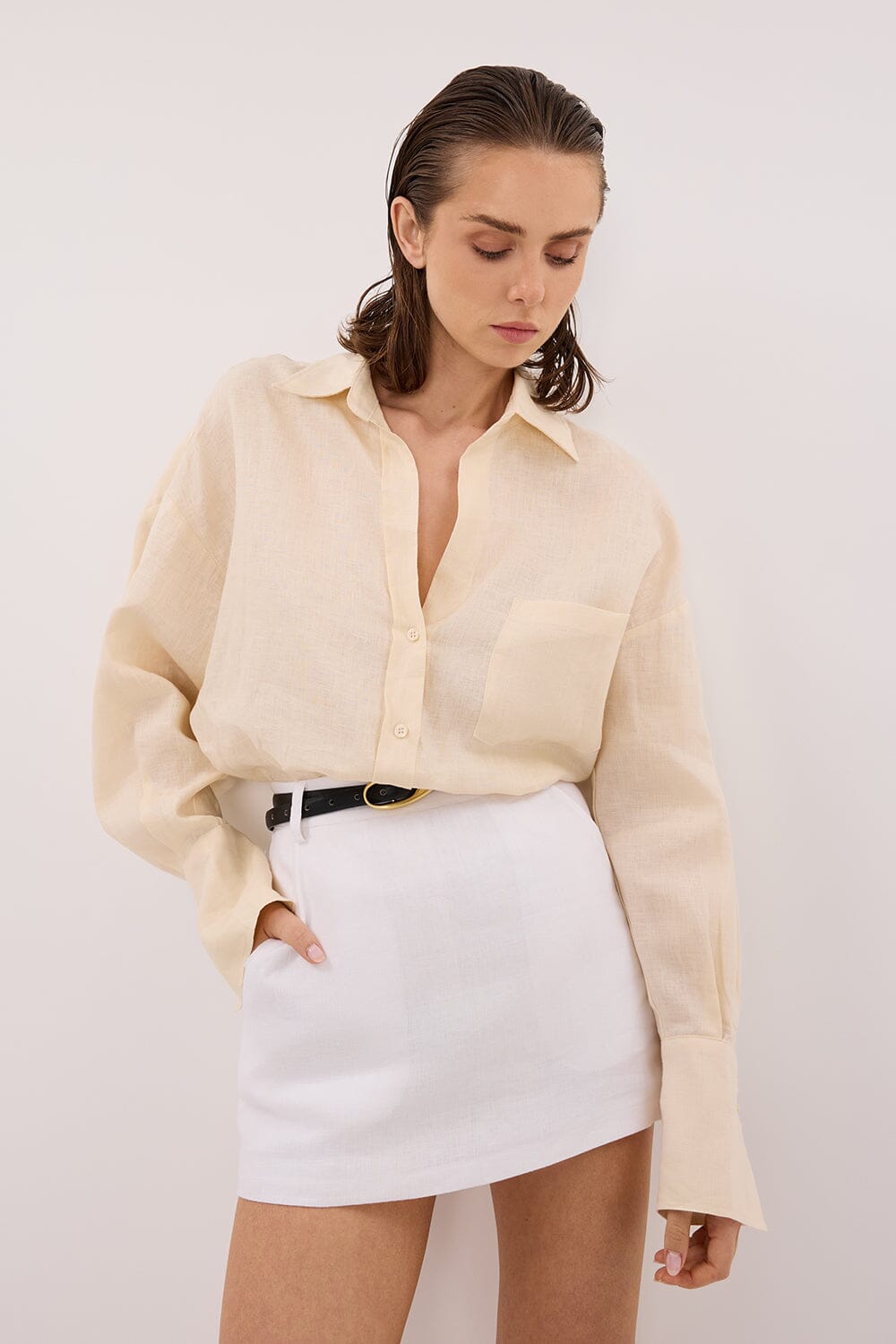 ELLIS SANDSTONE SHORT SLEEVE LINEN SHIRT Clothing DISSH Boutiques 