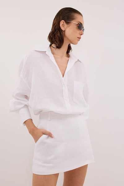 Joanna wearing ELLIS WHITE LONG SLEEVE LINEN SHIRT