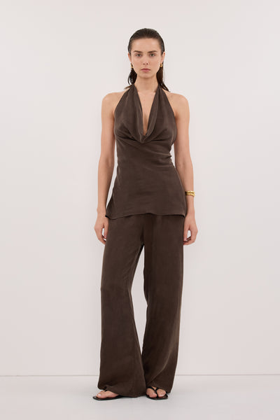 Stas wearing ADDIE BITTER CHOC CUPRO DRAWSTRING PANT