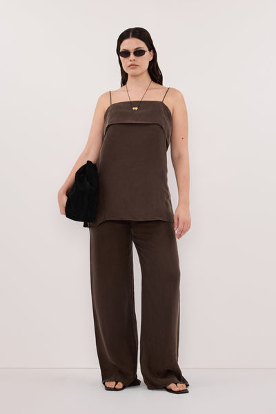 Jasmine wearing ADDIE BITTER CHOC CUPRO DRAWSTRING PANT