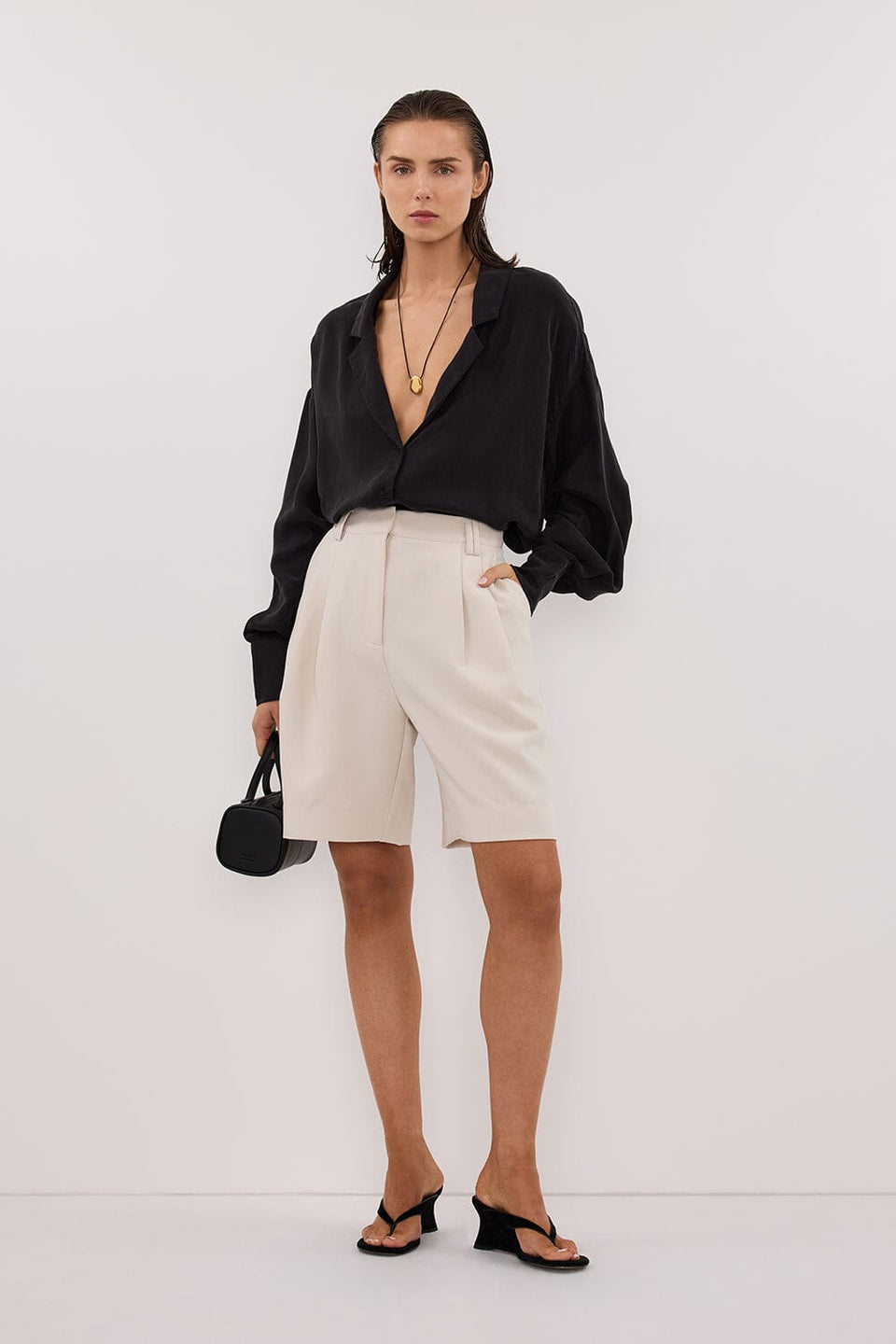 LUCILLE BLACK LONG SLEEVE CUPRO SHIRT Clothing DISSH Boutiques 