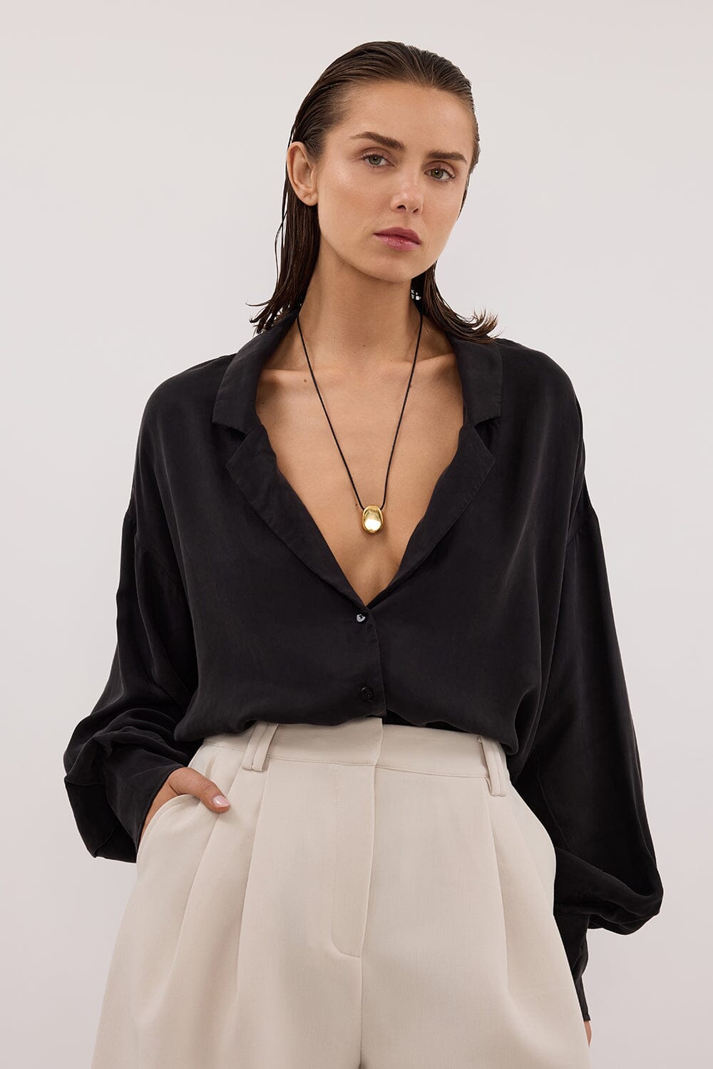 LUCILLE BLACK LONG SLEEVE CUPRO SHIRT Clothing DISSH Boutiques 