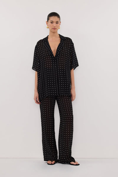 Aude wearing VANESSA BLACK OVERSIZED SHORT SLEEVE RESORT SHIRT