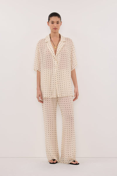 Aude wearing VANESSA SANDSTONE OVERSIZED SHORT SLEEVE RESORT SHIRT