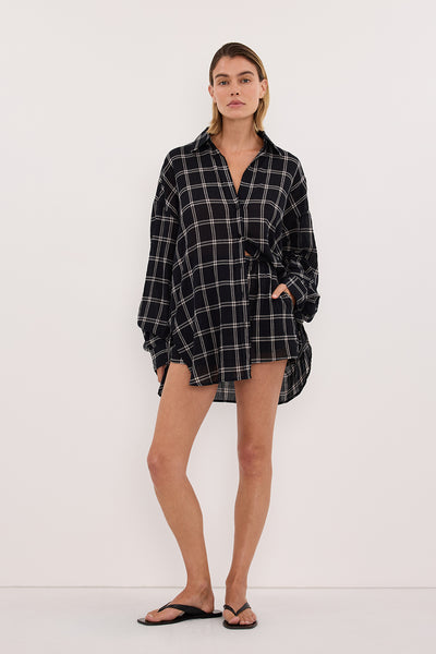 Joanna wearing ANNALISE BLACK LONG SLEEVE CHECK SHIRT