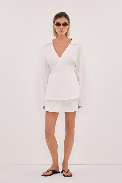 Joanna wearing SIENA WHITE COTTON WRAP SHIRT