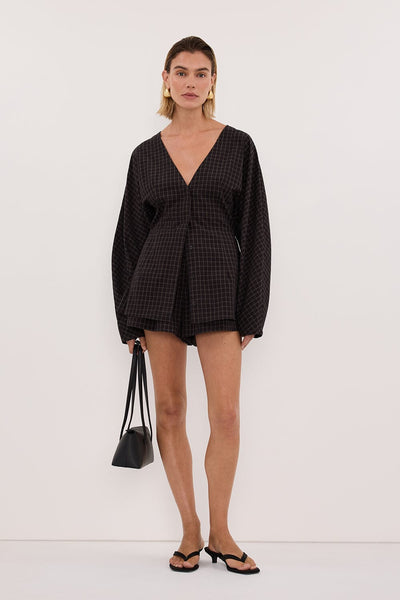 Joanna wearing TOVA INK CHECK FITTED SHIRT