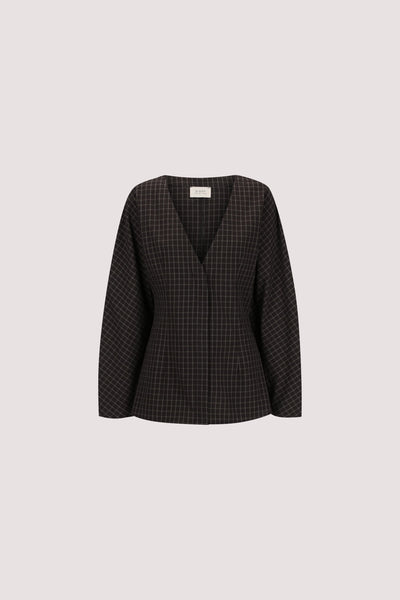 Kristen wearing TOVA INK CHECK FITTED SHIRT