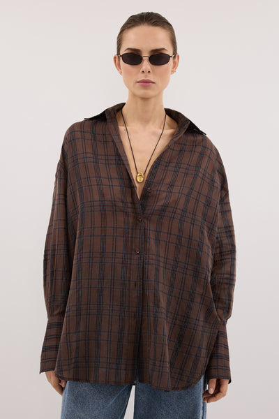 Stas wearing PETRA CHOC CHECK SHIRT