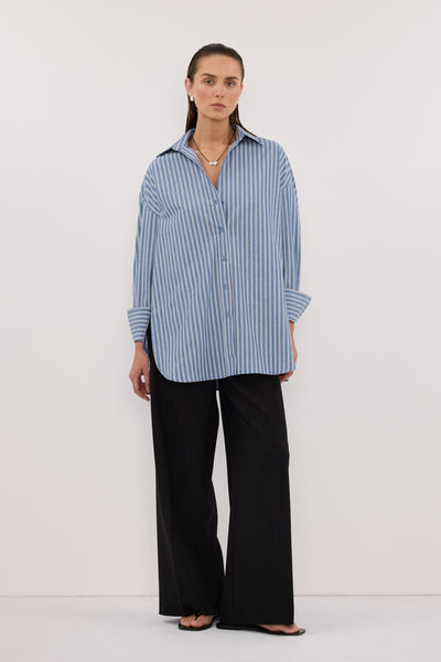 Stas wearing GRACIE LONG SLEEVE BLUE STRIPE SHIRT