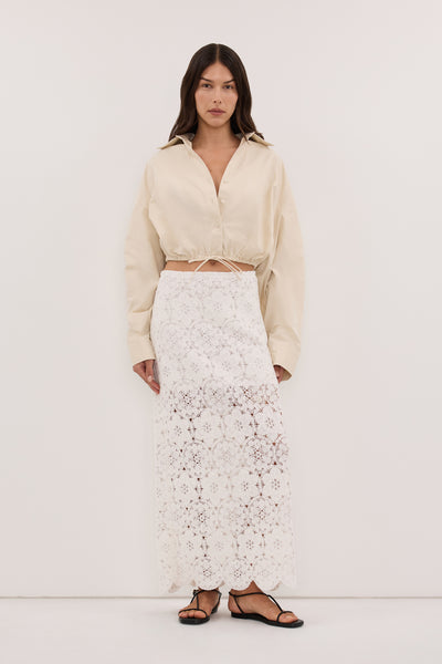 Helena  wearing CALI PLASTER COTTON CROPPED SHIRT