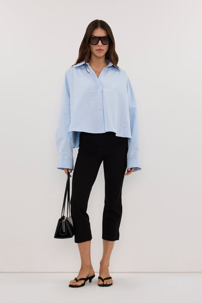 Helena  wearing GOLDIE CORNFLOWER CROPPED COTTON SHIRT