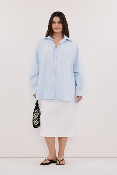 Jasmine wearing RHEA 3.0 ICE BLUE OVERSIZED COTTON SHIRT