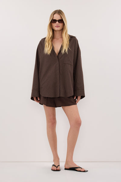 Zoe wearing MARA CHOC CHECK COTTON SHIRT