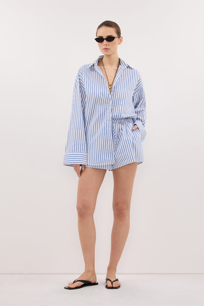 Stas wearing TALISE BLUE STRIPE SHIRT