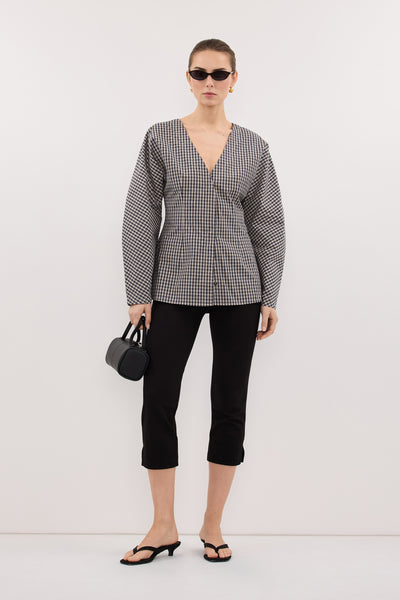 Stas wearing MATILDA INK CHECK FITTED SHIRT