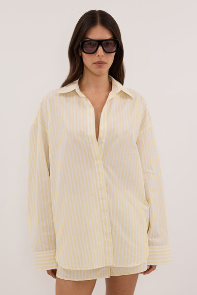 Helena  wearing DOMINIQUE YELLOW STRIPE SHIRT