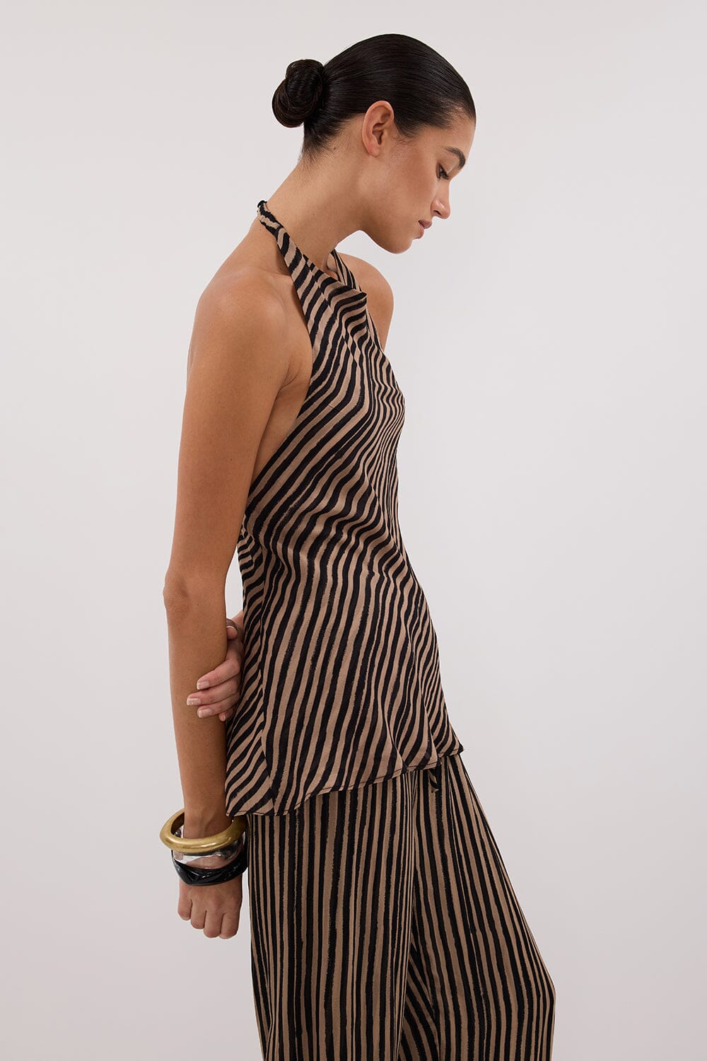 CHARLI TAN STRIPE GGT HALTER TOP Clothing DISSH Boutiques 6 TAN 