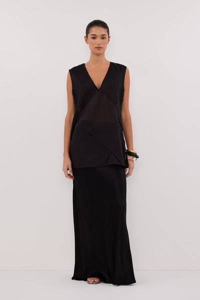 Aude wearing CARMEL BLACK RAMIE V NECK TOP